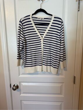LOFT Navy and White Striped V-Neck Cardigan